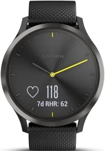 Garmin Vivomove HR Smartwatch – Sport Edition (Fiber-reinforced Polymer) – 43mm – Slate/Black – Silicone – Silicone Band – Black