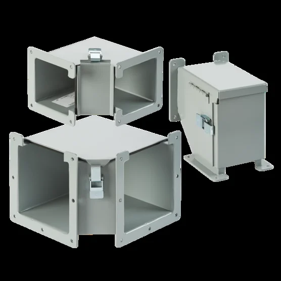 Hoffman F44LE9B | Lay-In Hinged-Cover 90-Degree Elbow, 4.00×4.00, Gray, Steel, Inside Opening