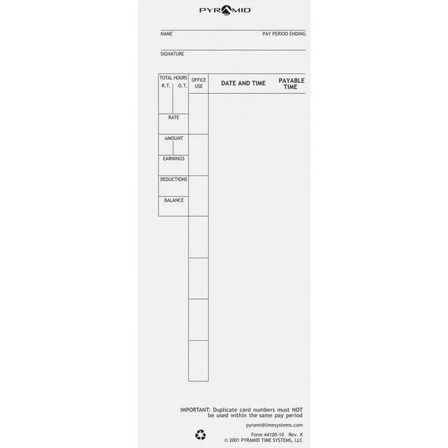 Pyramid Time Systems 44100-10 Time Cards, 100/pk