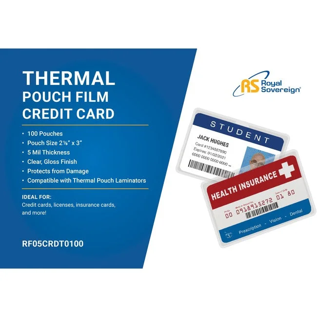 Royal Sovereign laminating pouch film – Credit Card Size 2-1/8 x 3-3″ – 3 mil – 100 pack” RF05CRDT0100