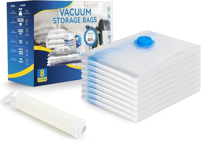 Simple Deluxe 8 Jumbo Vacuum Storage Bags with Hand Pump – Clear