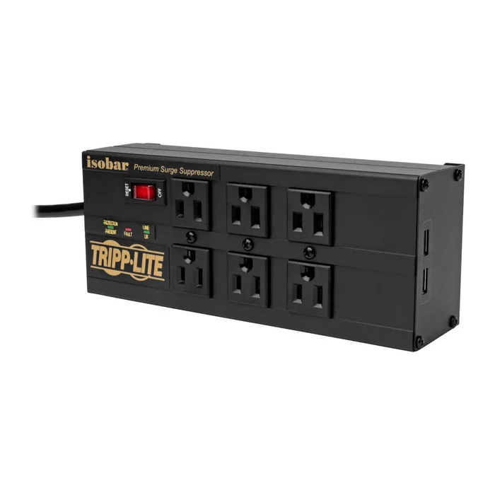 Tripp Lite Isobar 6-Outlet Surge Protector – 10 Ft. Cord, Right-Angle Plug, 3840 Joules, 2 Usb Ports, Metal Housing